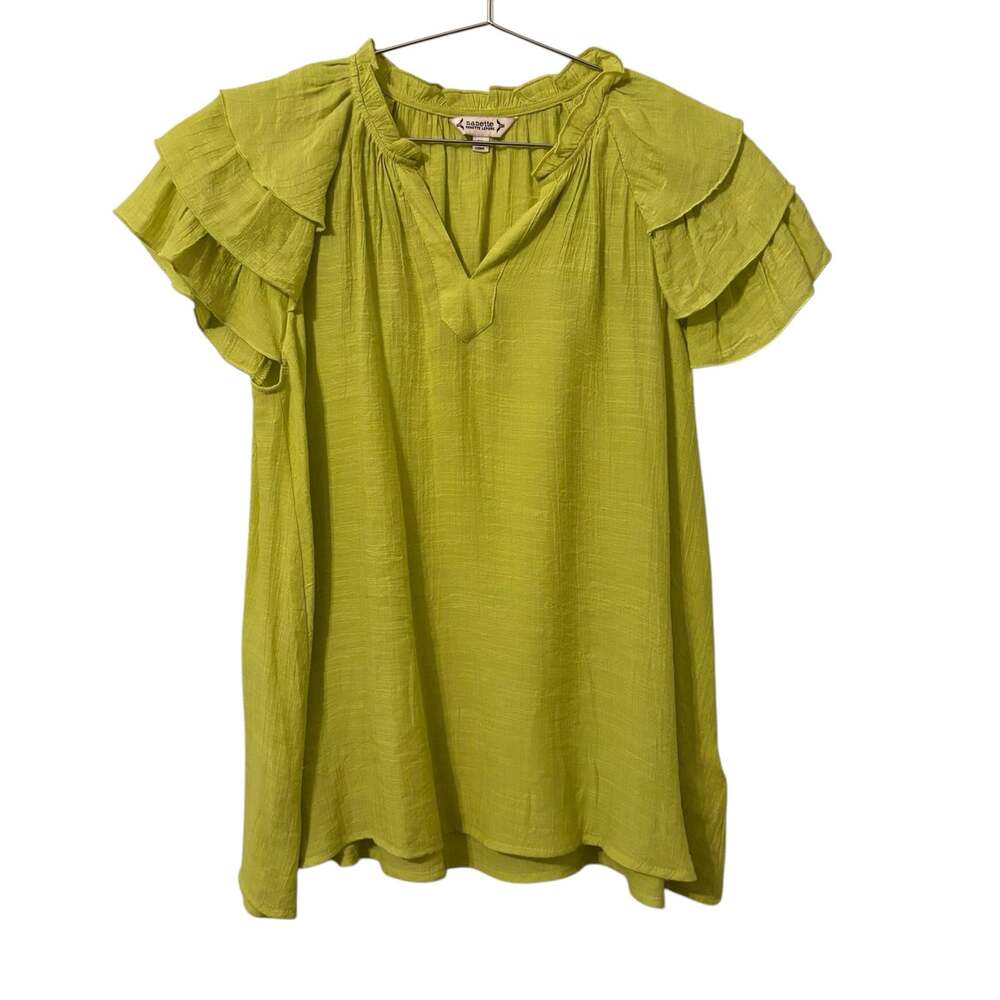 Nanette Lepore Lime Green Ruffle Trim Cap Sleeve Top M